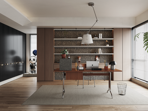 意式现代书房 书桌椅 书柜雕塑摆件 吊灯su模型