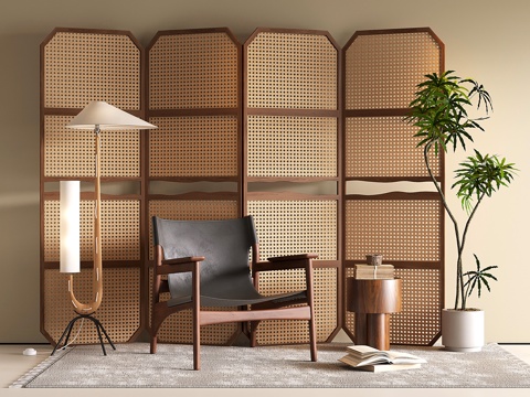 中古藤编折叠屏风 侘寂休闲椅 落地灯 盆栽su模型su模型