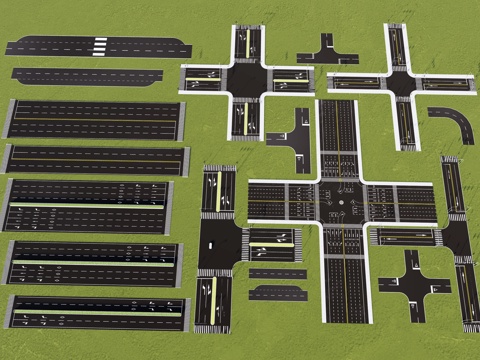 现代市政道路 马路划线 丁字路口 十字路口斑马线箭头高速公路su模型