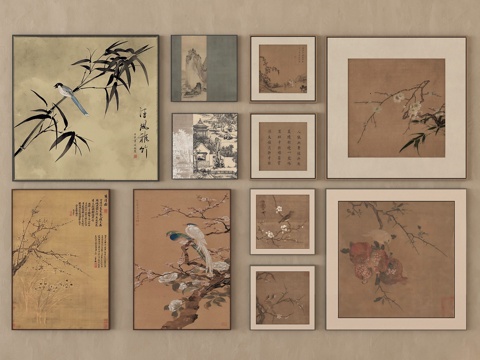 新中式挂画组合 装饰画 字画su模型