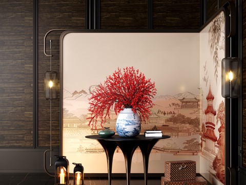 现代花艺摆台 酒店端景台 端景台花艺 玻璃花瓶 绿植摆件su模型