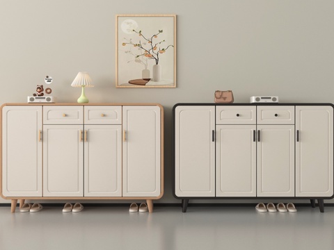 北欧风鞋柜 玄关柜  木材 矮柜 装饰画 摆件su模型