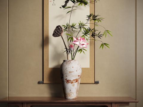 新中式禅意花瓶 花艺摆件 插花su模型