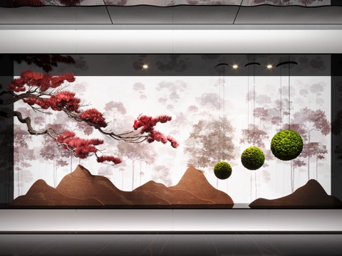  新中式景观造景 室内景观 倒挂植物 景观石 室内造景3d模型 