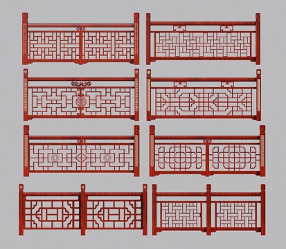 新中式实木扶手 雕花栏杆 木护栏 木围栏su模型