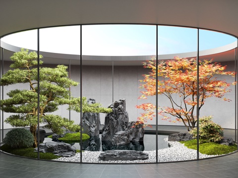  新中式庭院景观 天井庭院 景观石 松树 红枫3d模型 