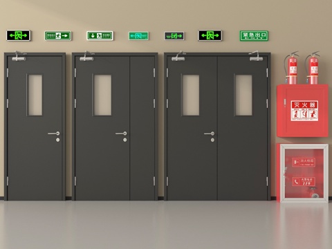 现代消防门防火门 安全出口灭火器 消防栓 应急照明灯su模型