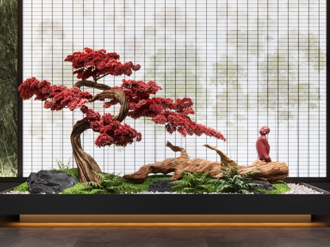 新中式景观造景 室内景观 倒挂植物 景观石 室内造景su模型