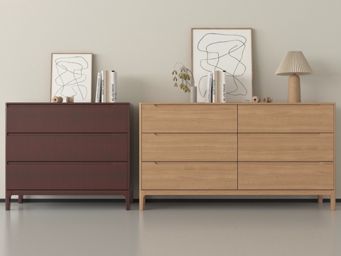 中古风玄关柜  边柜 装饰柜 木材 矮柜 装饰画 摆件su模型