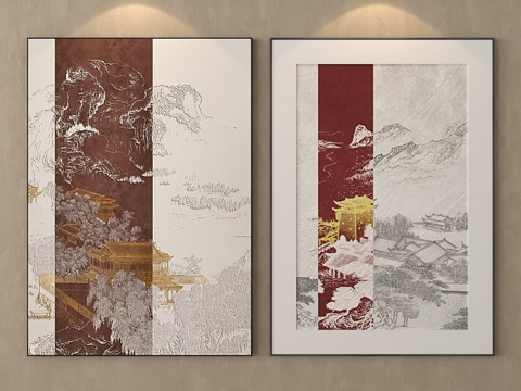 新中式挂画组合 装饰画su模型