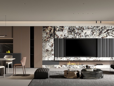 现代意式客餐厅 现代电视背景墙 现代极简餐桌椅 现代极简沙发su模型