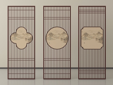 新中式屏风隔断 格栅屏风隔断su模型