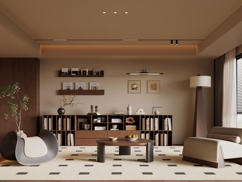  中古风客厅 沙发茶几 书柜 书架3d模型 