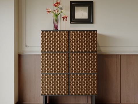 中古风玄关柜 储物柜 花艺 斗柜 装饰柜su模型