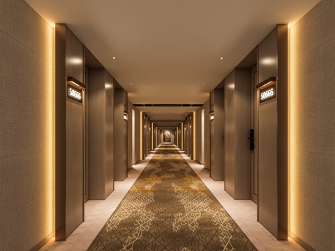 现代新中式酒店过道 酒店客房木门 足浴会所过道 餐饮过道 木su模型