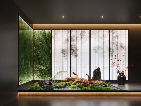 新中式景观造景 室内景观 倒挂植物 景观石 室内造景su模型