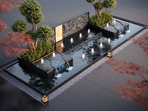 现代水景观 庭院水景 水钵 叠水 跌水 喷泉su模型