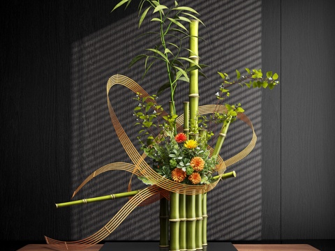 新中式禅意花瓶 花艺摆件 插花su模型