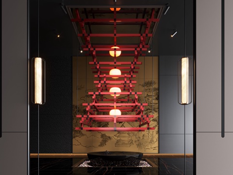 新中式艺术装置 灯具装置 大厅装置 吊饰su模型