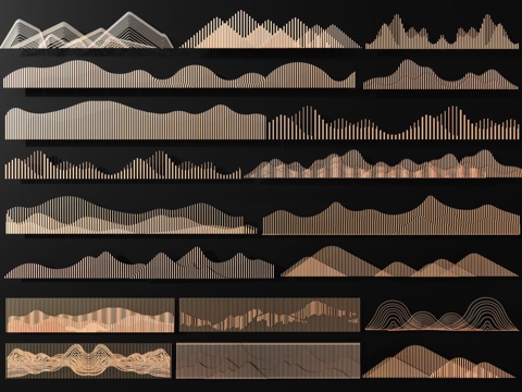 新中式山形格栅景墙 山水栅格景墙 特色镂空景墙云纹格栅背景墙su模型