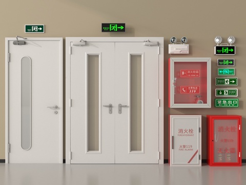 现代消防门防火门 安全出口灭火器 消防栓 应急照明灯su模型