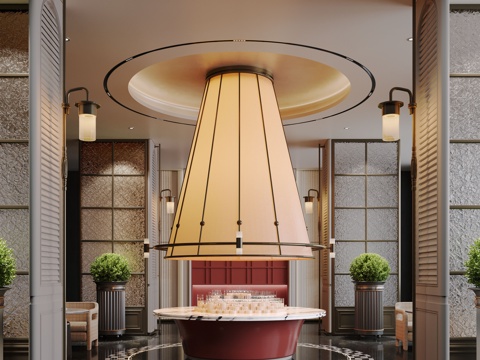 现代大厅 酒店大厅 大厅灯具 花艺摆台组合 屏风隔断su模型