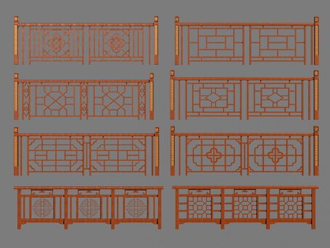 新中式实木栏杆 雕花栏杆 木扶手护栏 木围栏 木栅栏su模型