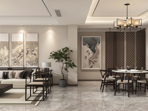  新中式客餐厅 玄关 酒柜3d模型 