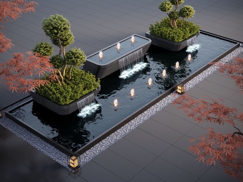 现代水景观 庭院水景 水钵 叠水 跌水 喷泉su模型