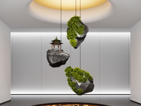 现代石头装置雕塑 悬挂石 苔藓 室内造景 室内景观su模型