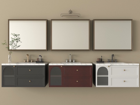 中古风浴室柜 浴室镜 卫浴小件su模型