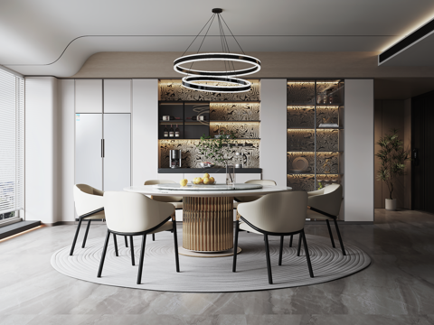 意式现代黑白灰餐厅 餐边柜 餐桌椅 吊灯su模型