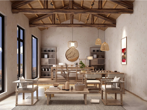 侘寂风民宿内部餐厅su模型