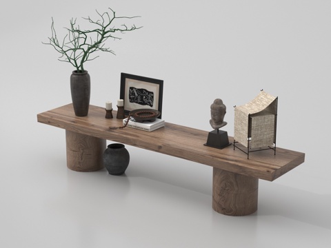 中式茶桌椅 花瓶花艺摆件su模型