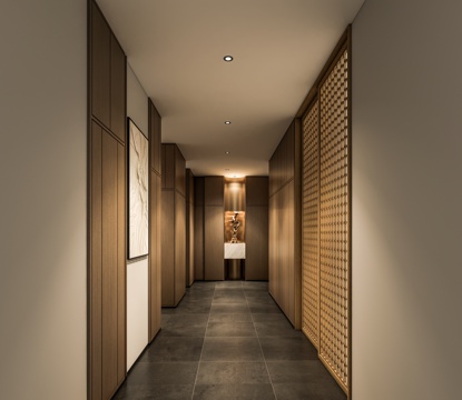 现代新中式酒店过道 酒店客房木门 足浴会所过道 餐饮过道 木su模型