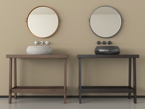 中古风浴室柜 实木洗手台 浴室镜su模型