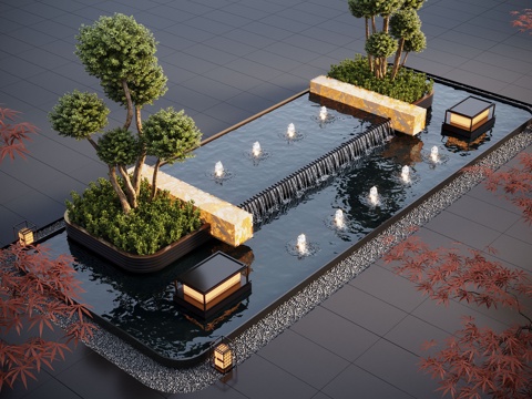 现代水景观 庭院水景 水钵 叠水 跌水 喷泉su模型