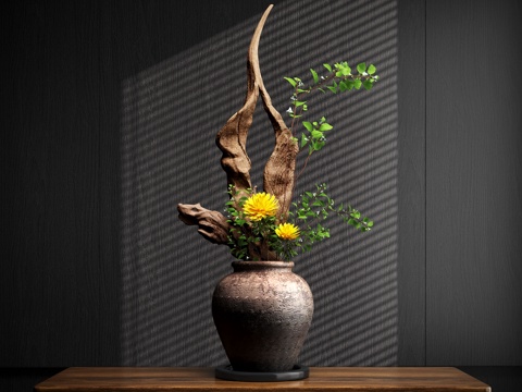 新中式禅意花瓶 花艺摆件 插花su模型