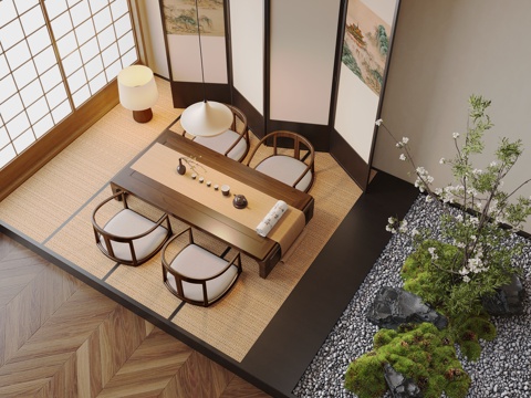 新中式茶室 室内景观3d模型
