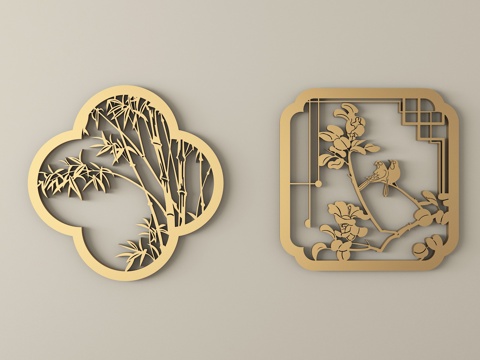 新中式镂空窗 金属雕花 花窗su模型