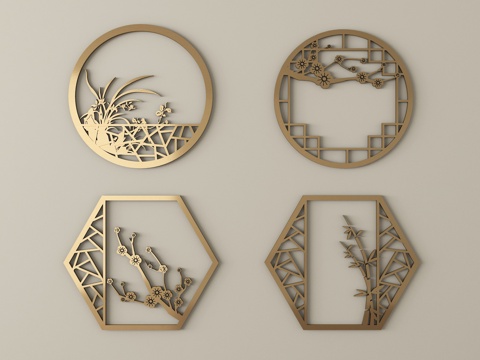 新中式镂空窗 金属雕花 花窗su模型