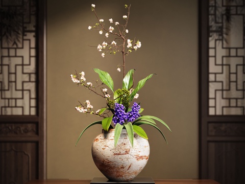 新中式禅意花瓶 花艺摆件 插花su模型