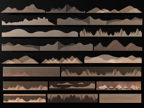 新中式格栅景墙 山形栅格景墙 特色镂空景墙山水云纹格栅背景墙su模型