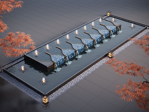 现代水景观 庭院水景 水钵 叠水 跌水 喷泉su模型