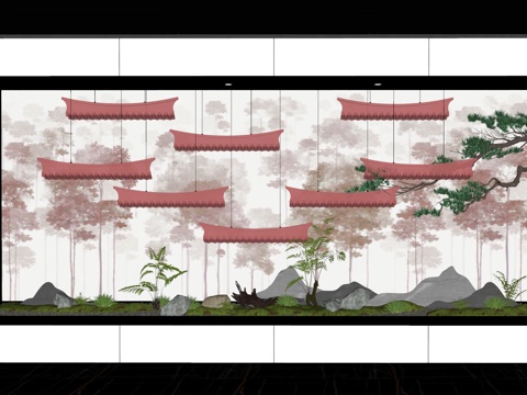 新中式景观造景 室内景观 倒挂植物 景观石 室内造景su模型