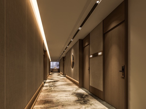 现代新中式酒店过道 酒店客房木门 足浴会所过道 餐饮过道 木su模型