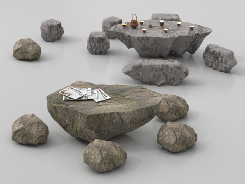 新中式石头户外桌椅 茶桌椅 休闲桌椅su模型