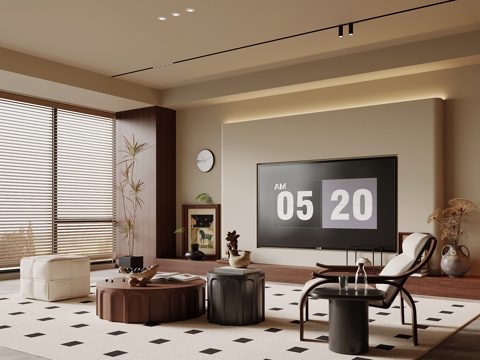  中古风客厅 电视背景墙 沙发茶几组合3d模型 