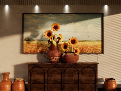 现代 花瓶 向日葵花瓶摆件 花卉花艺 花盆 陶罐 向日葵su模型