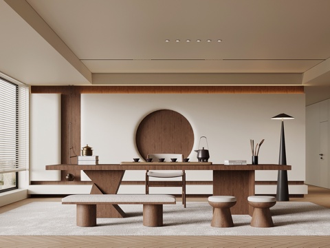 中古风茶室 茶桌椅 背景墙su模型